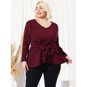 Peplum Style Burgundy Belted Knot Tie Top Agnes Orinda Women's Plus Size 3X